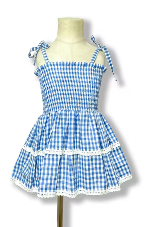 Blue Check Tunic Dress With White Crochet Lace