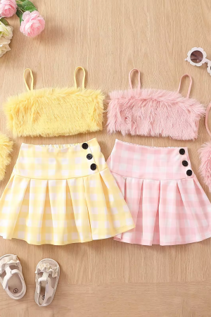 Fur Suspender Plaid Pleated Skirt Baby Girls Clothing Sets