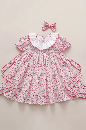 Handmade Smocking Pink Floral Cotton Liner Kids Dress