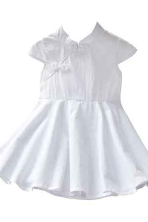 Chinese style buckle short sleeved ancient white dress children's dress big swing skirt