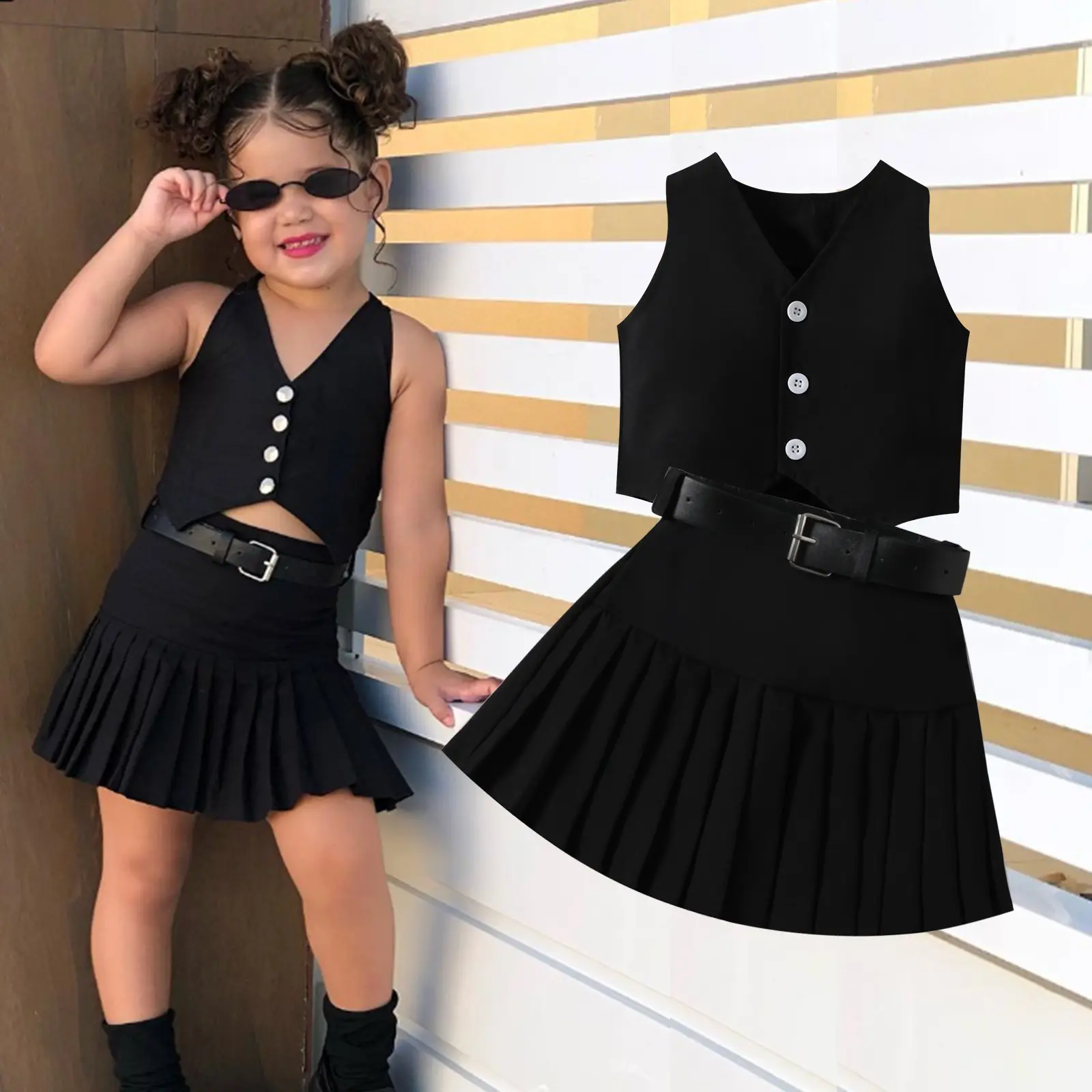 Girls clothing sets Solid Short Sleeve 2 Piece sets Skirts - Image 2