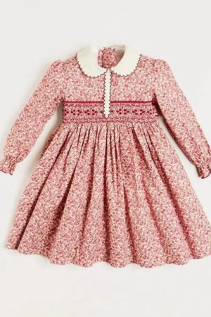 Floral Pattern Hand Smocked Long Sleeve Kids Dress