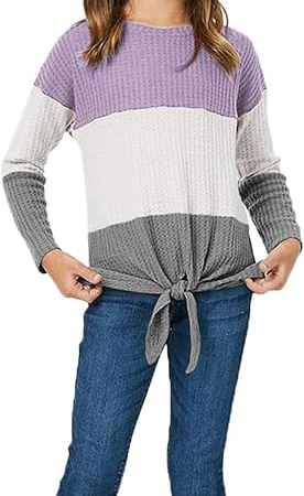 Girls Waffle Colorblock Tie Top Long Sleeve Casua T Shirt